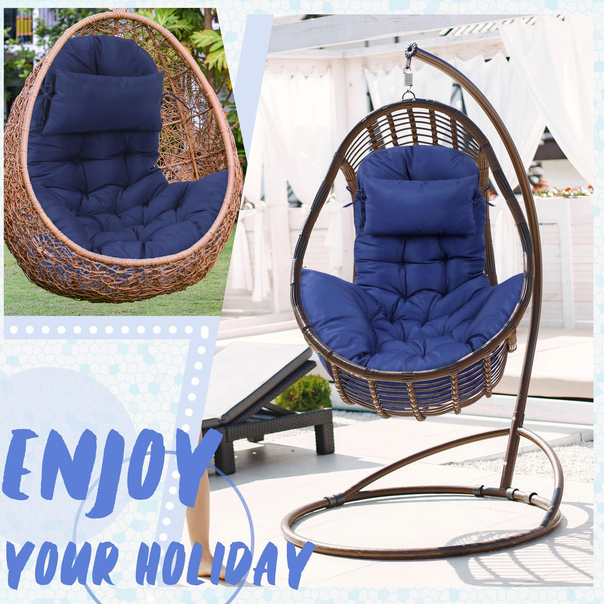 Tudomro hanging chair cushion in navy ready for elevated relaxation.