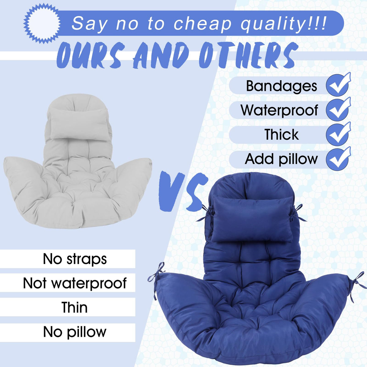 Thick cushion with waterproof fabric for outdoor use and quick cleaning.