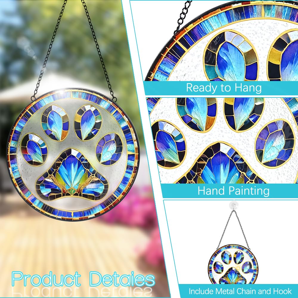 Tufeu paw print stained glass art captures sunlight with vibrant color