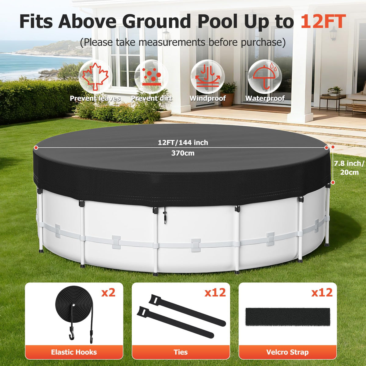 Tufmunb 12ft round pool cover protects against rain and wind