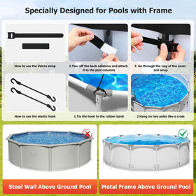 Tufmunb 12ft round pool cover with Velcro straps provides a secure fit