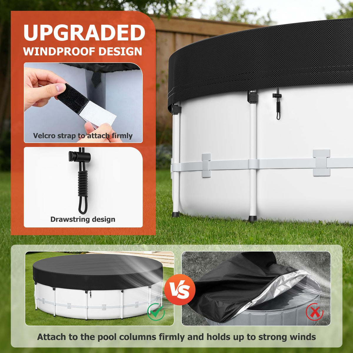 Windproof design with ties and Velcro secures the cover during gusts