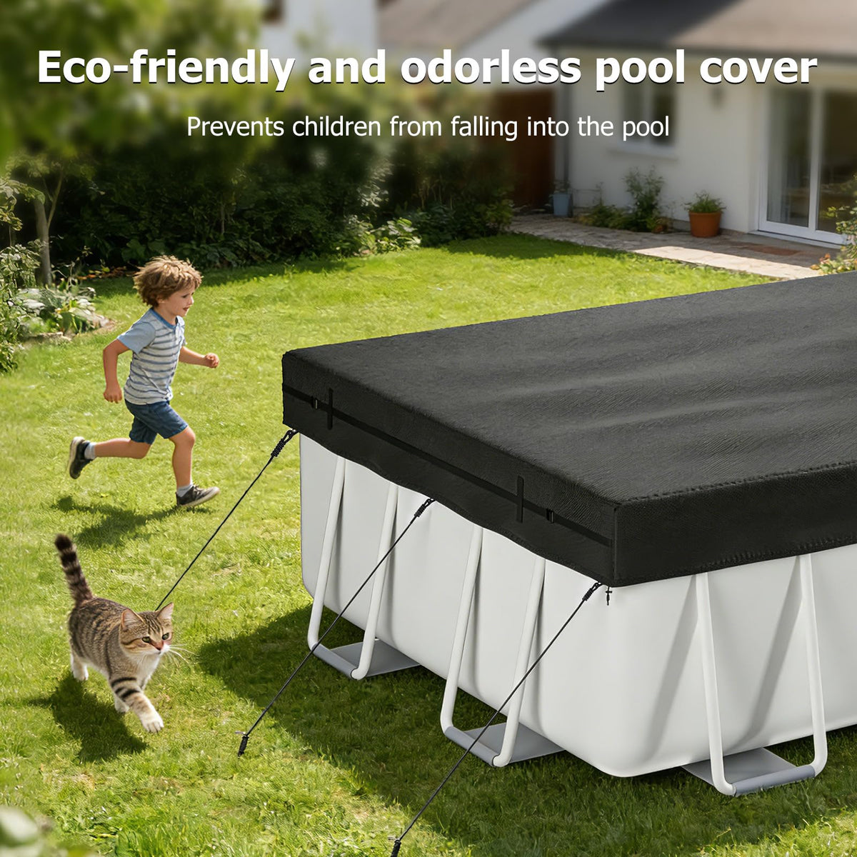 Tufmunb easy on off pool cover stretches over corners and secures with buckles.