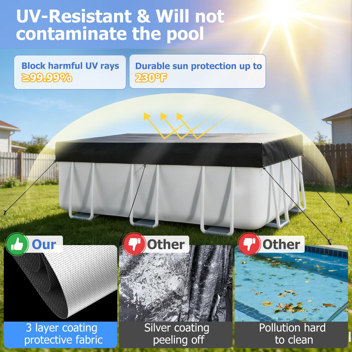 Tufmunb rectangular pool cover protecting water from leaves and critters.
