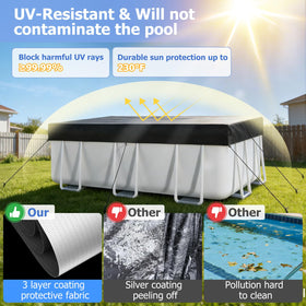 Tufmunb rectangular pool cover protecting water from leaves and critters.