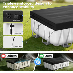 Tufmunb rectangular pool cover shows drawstring and buckle for a snug, secure fit.