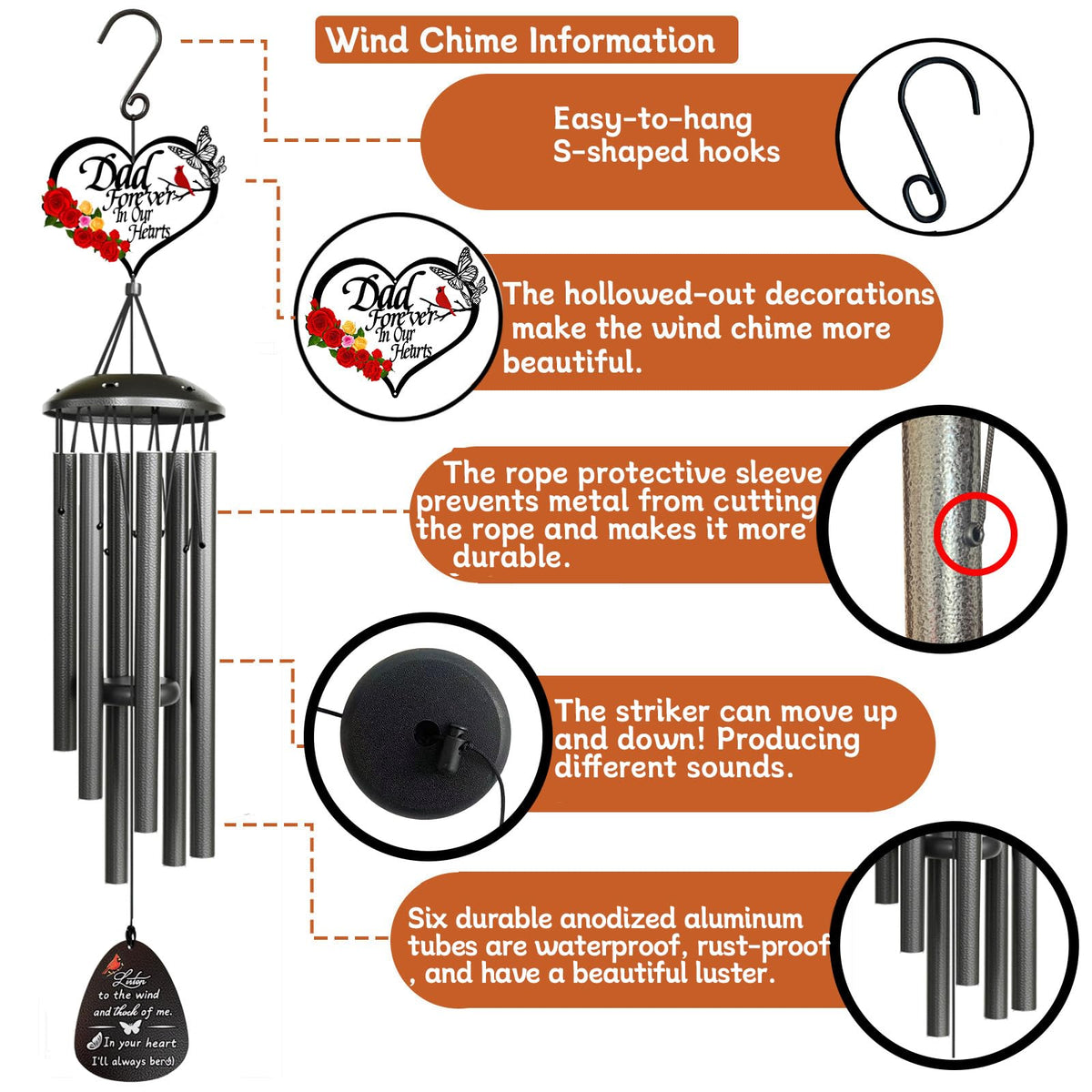 TUHYOCG wind chime tubes close-up reveals tuned lengths