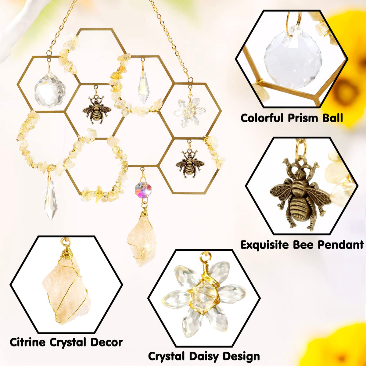 Tuitessine honeycomb crystal suncatcher with citrine crystals adds warm sparkle.