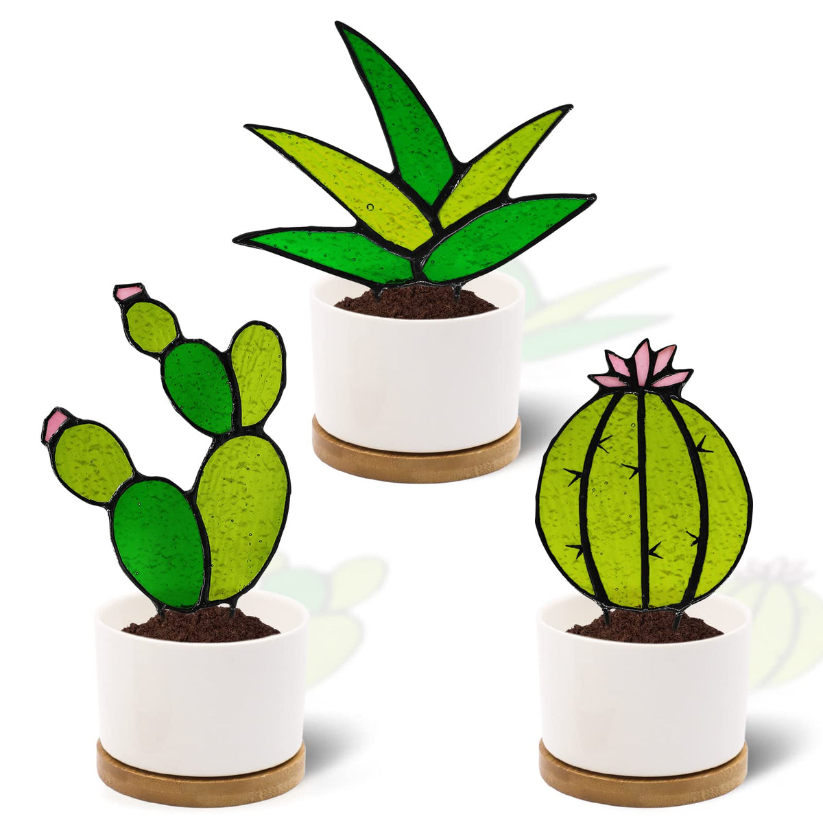 Tuitessine stained-glass cactus glistens in sunlight for windowsill decor.