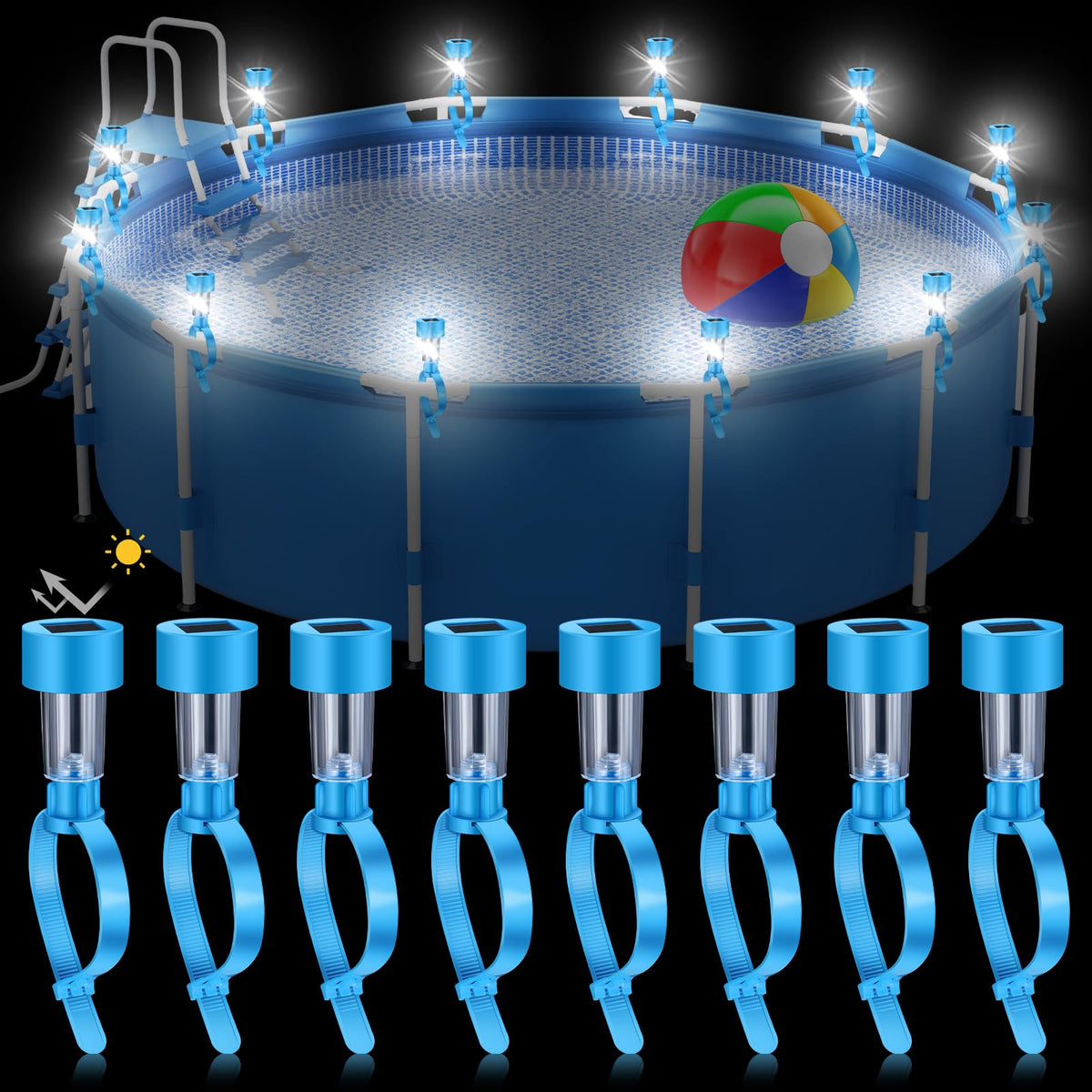 Tujoe 12-pcs pool solar lights provide warm white illumination for above-ground pools.