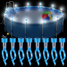 Tujoe 12-pcs pool solar lights provide warm white illumination for above-ground pools.