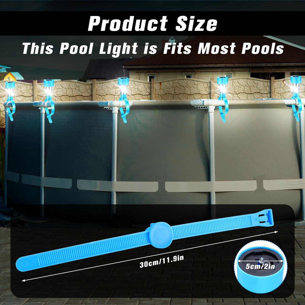Tujoe blue waterproof solar light mounted on pool rail for durable night lighting.