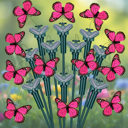 Tujoe pink butterfly stake fluttering in sun adds garden charm.