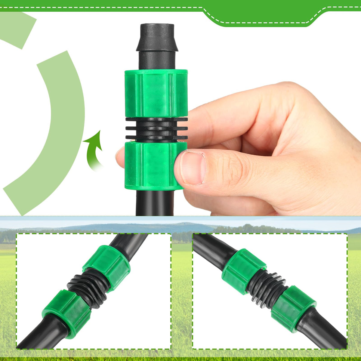 Tujoe twist-lock drip pipe connector secures hoses quickly for sturdy setups.