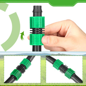 Tujoe twist-lock drip pipe connector secures hoses quickly for sturdy setups.