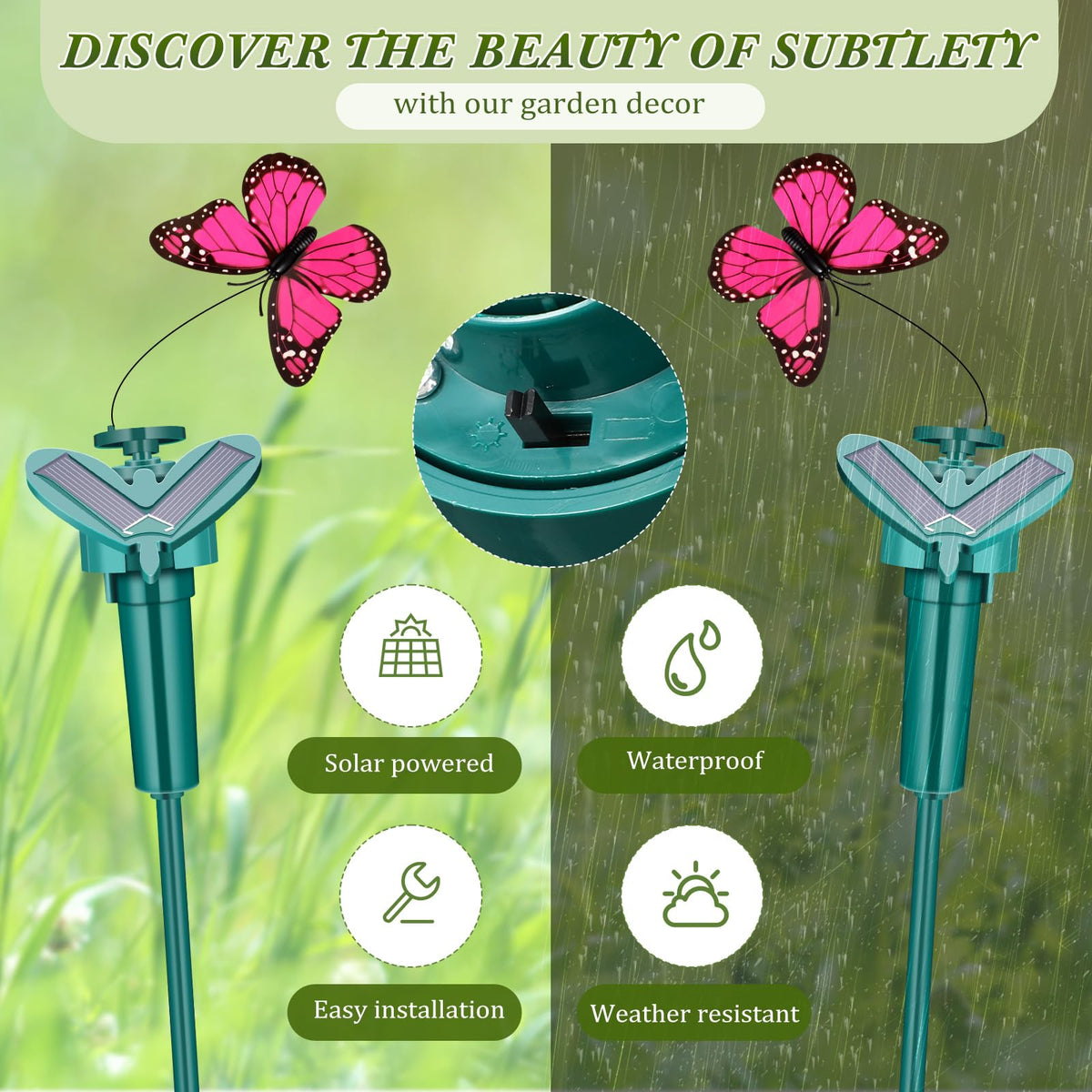 Tujoe weatherproof butterfly yard ornament withstands rain and heat.