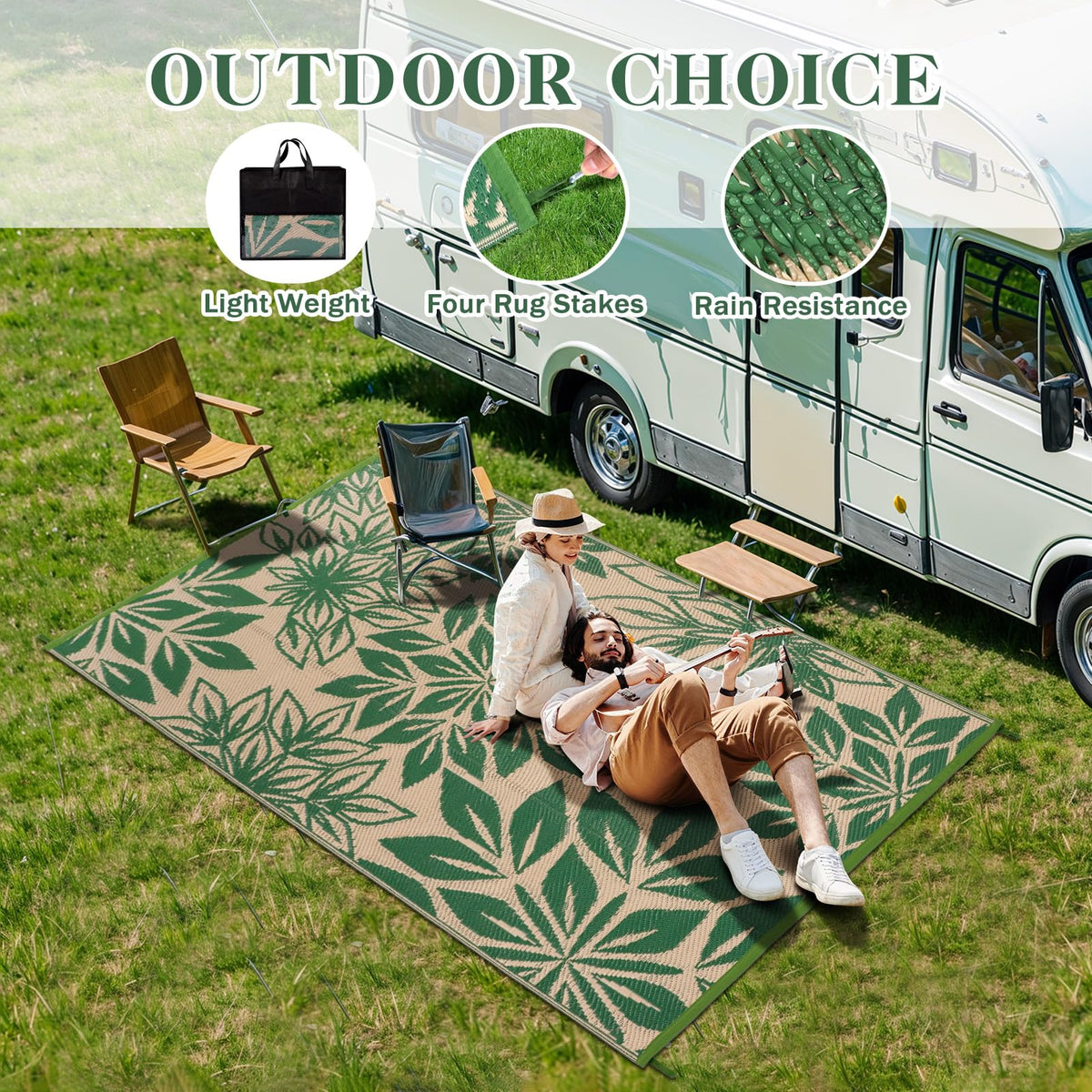 TUKDAK easy-clean outdoor rug shown with hose rinse for quick refresh.