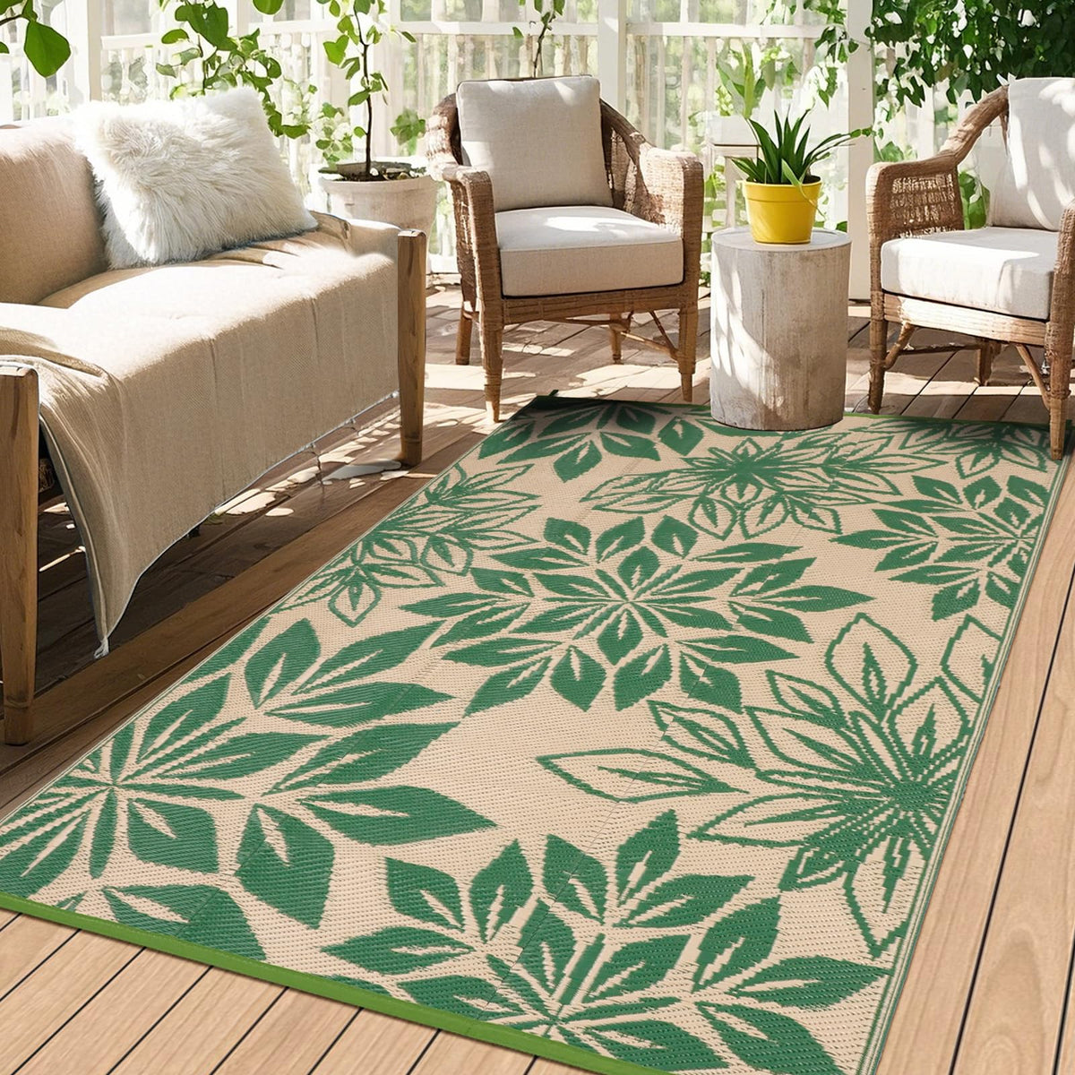 TUKDAK waterproof outdoor rug 4x6 green front view shows durability in sun and rain.