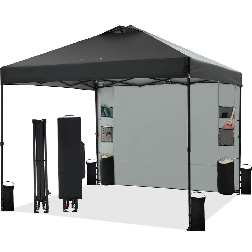 Tunbne 10x10 pop up canopy setup showing quick, tool-free assembly for shade on the go