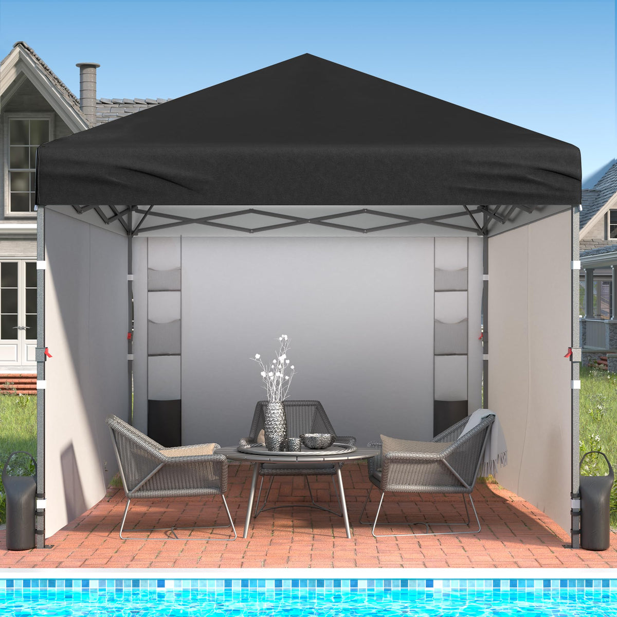 Tunbne canopy with four sidewalls extended for shade and privacy.