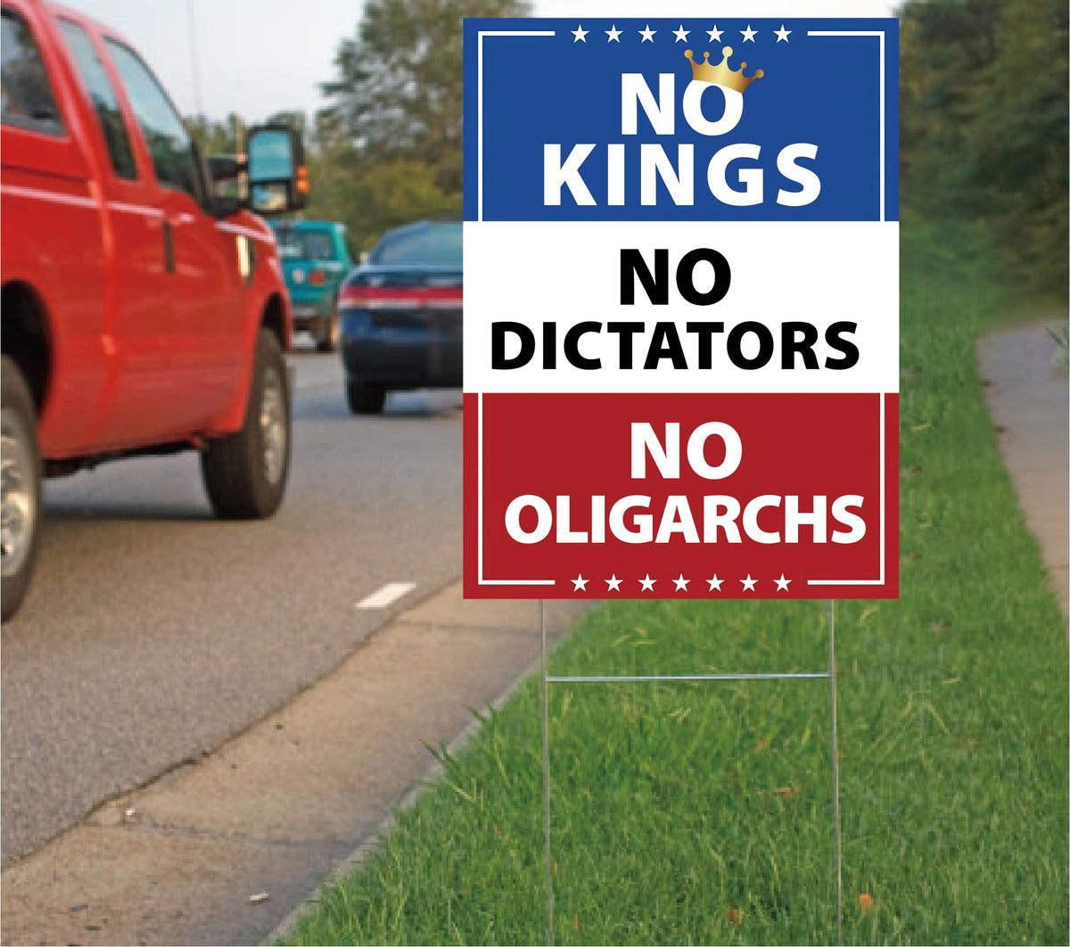 TUOCYERD No Kings in America sign back view with readable messaging for observers behind.