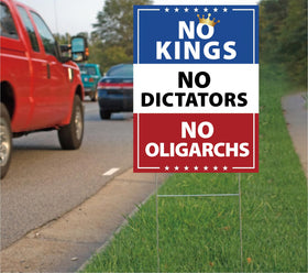 TUOCYERD No Kings in America sign back view with readable messaging for observers behind.