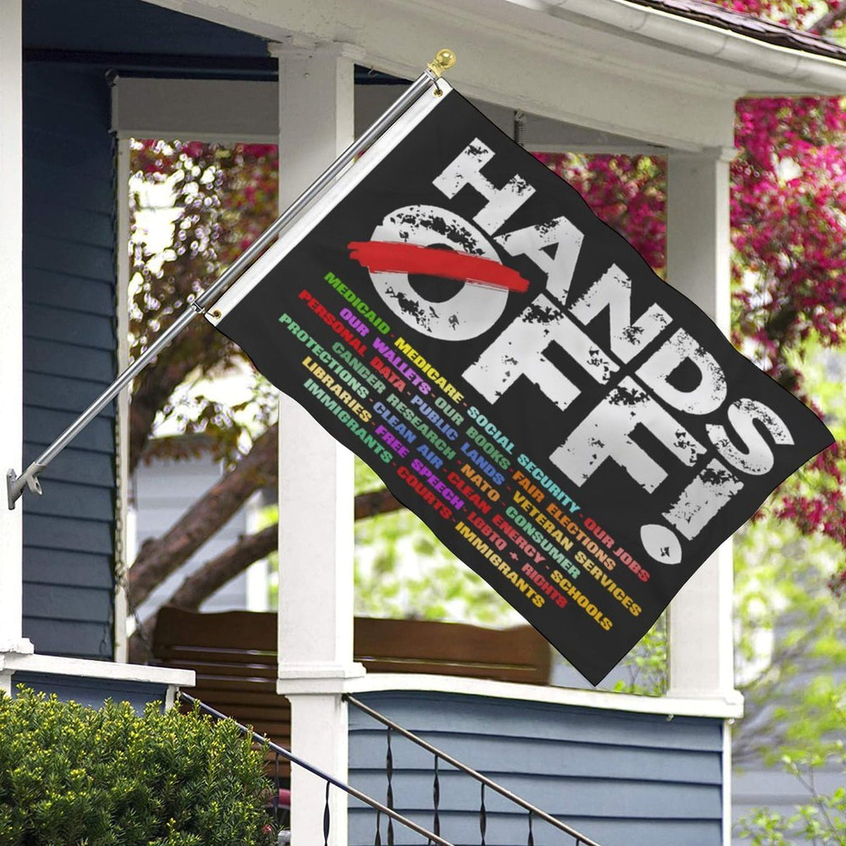 TUOCYERD Hands Off Flag is suitable for indoor or outdoor display in various settings.