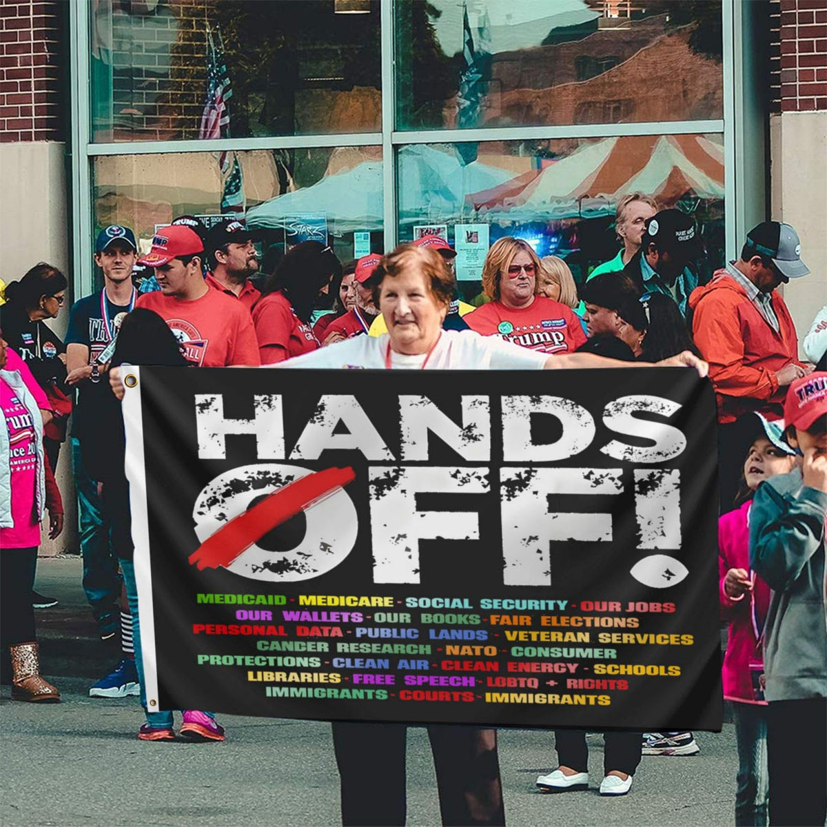 TUOCYERD Hands Off Flag supports yard demonstrations and community visibility.