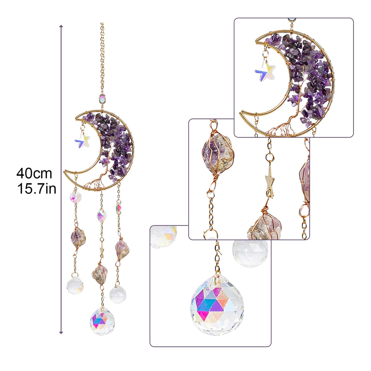 TUOKING amethyst moon suncatcher with fluorite for tranquil light accents.