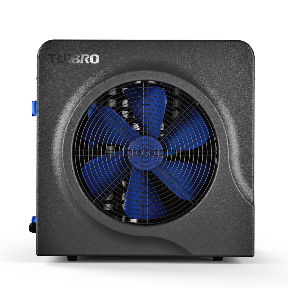 TURBRO Manatee M18 front view shows compact heat pump for versatile pool setups
