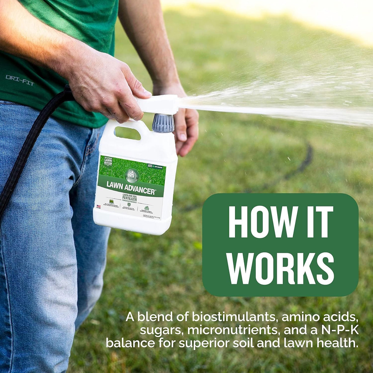 Lawn Advancer bottle pouring nutrients through spray for simple, effective application