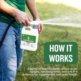 Lawn Advancer bottle pouring nutrients through spray for simple, effective application