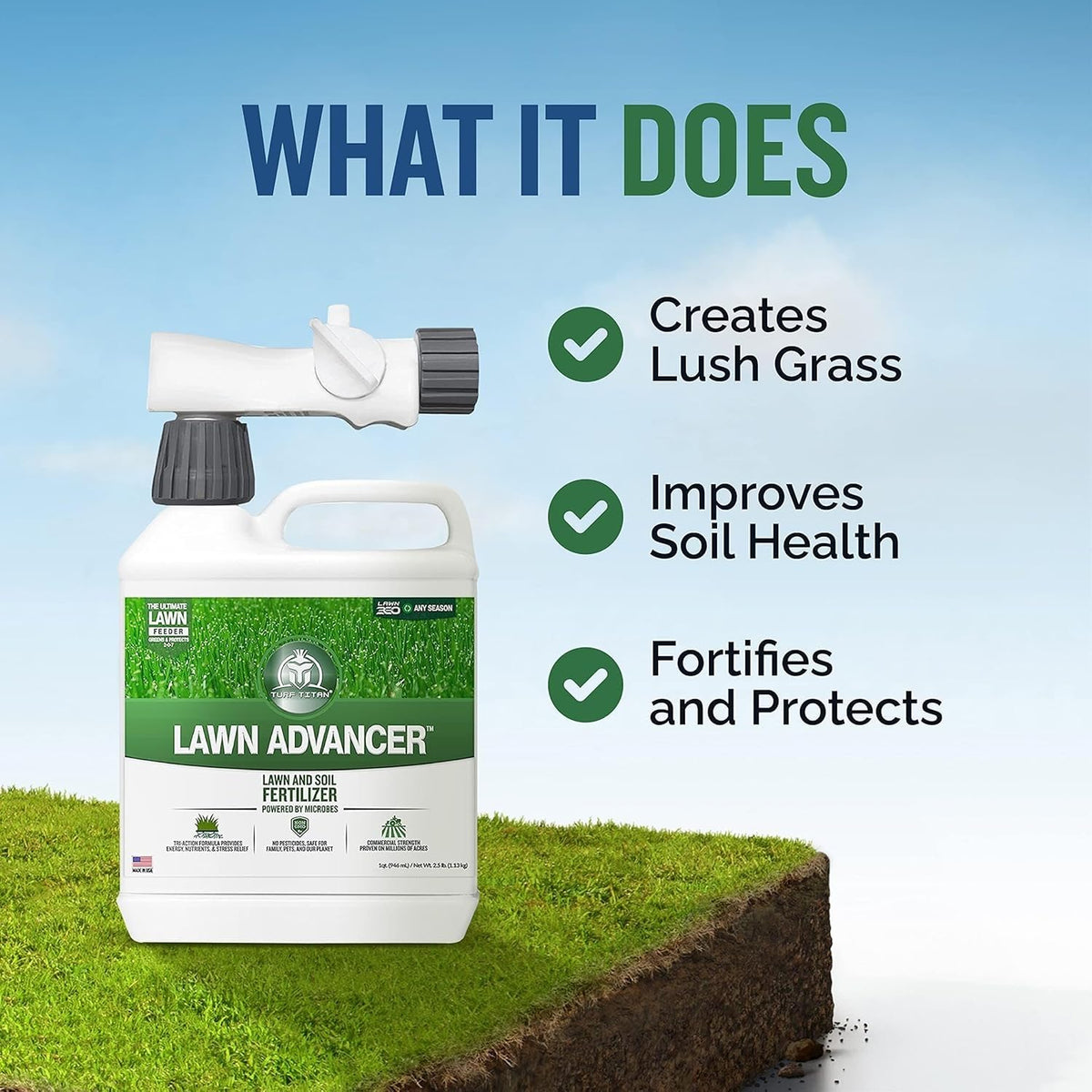 Turf Titan hose-end sprayer applying even coverage across large lawns