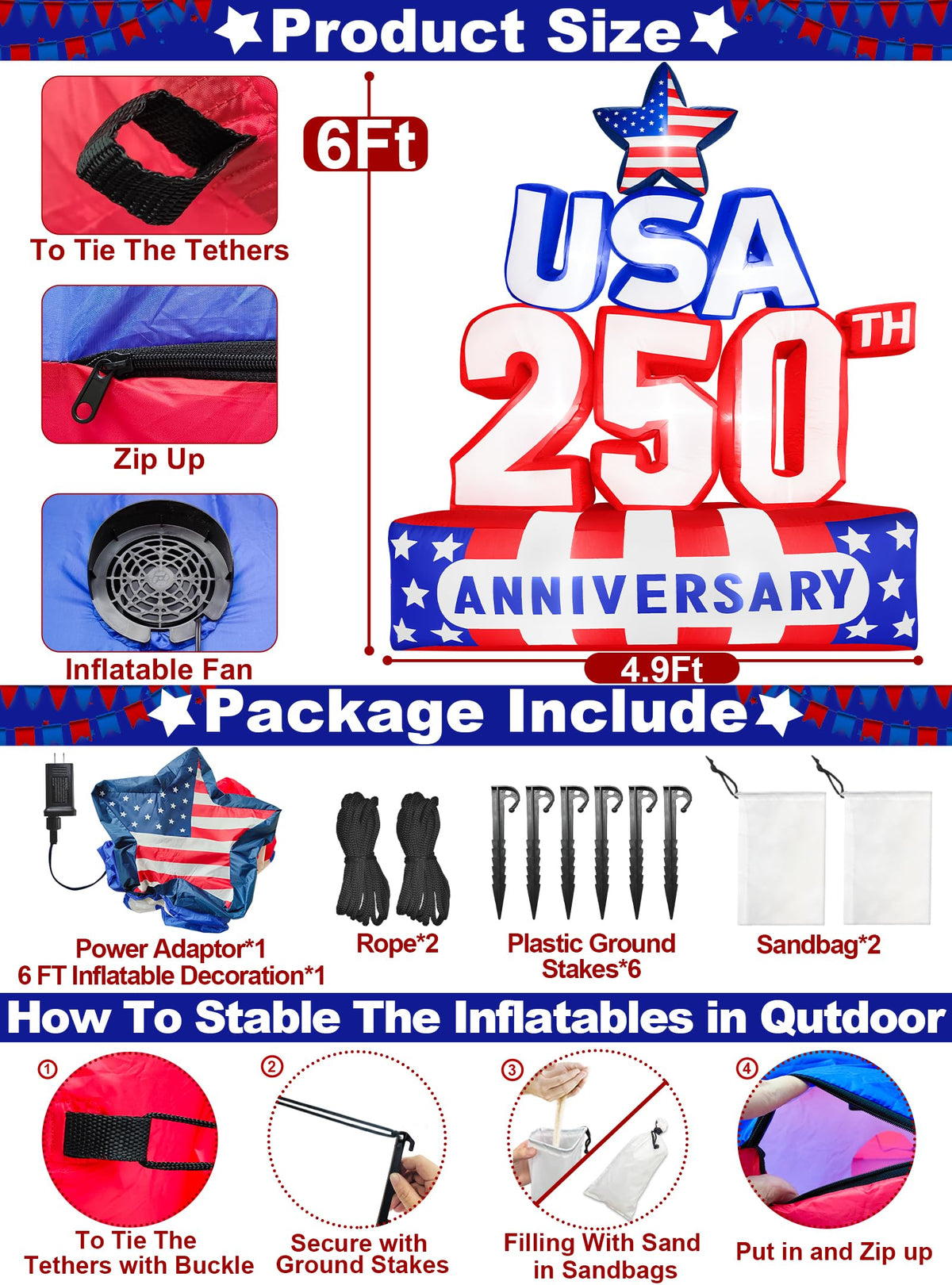 TURNMEON 250th anniversary inflatable glows at night for festive curb appeal.