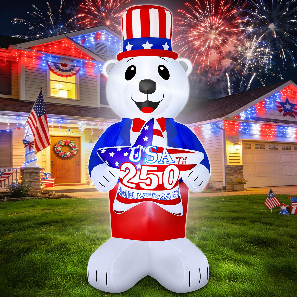 TURNMEON 6FT Uncle Sam Bear inflatable, front view for bold patriotic yard display.