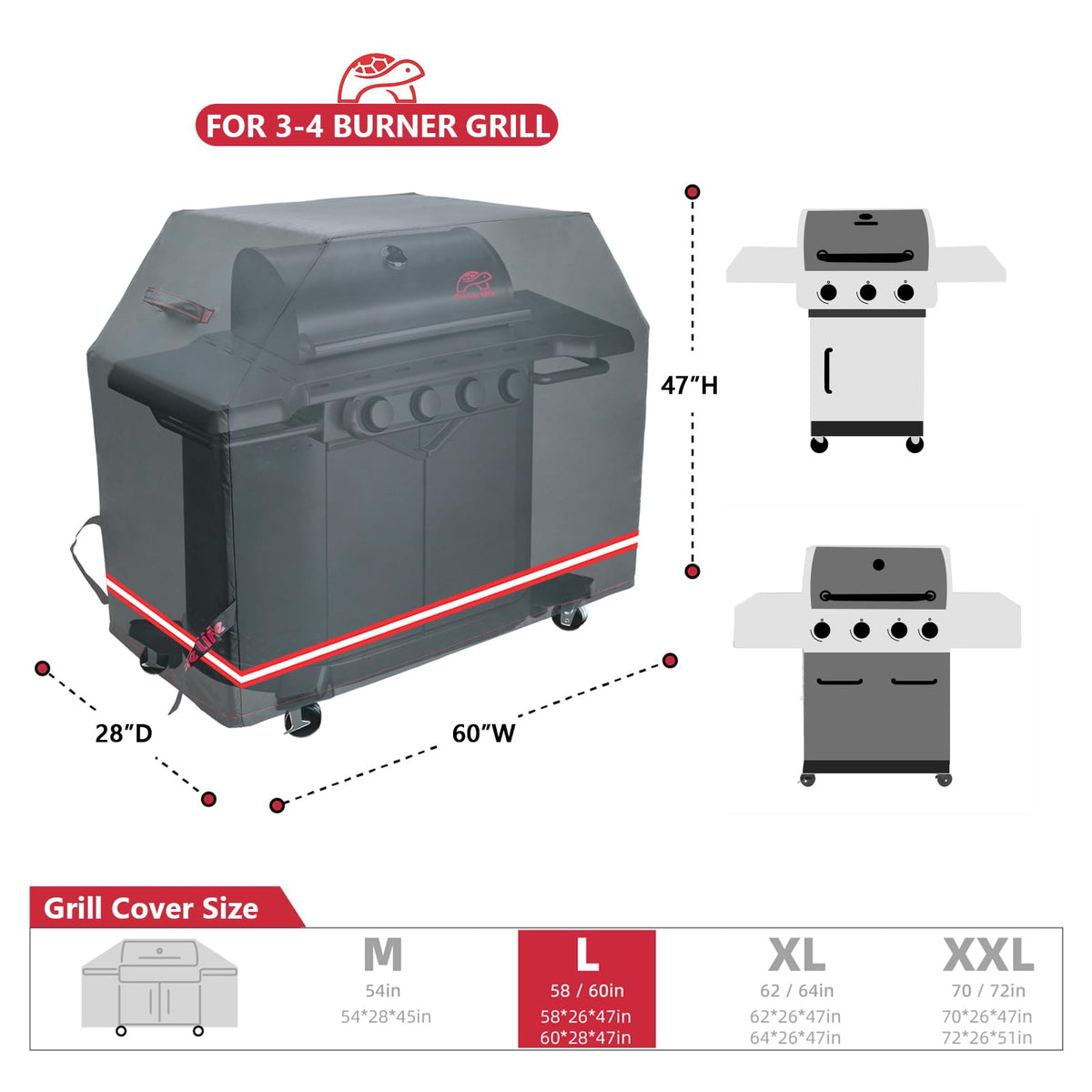 Turtle Life grill cover side view shows secure straps for windy days.