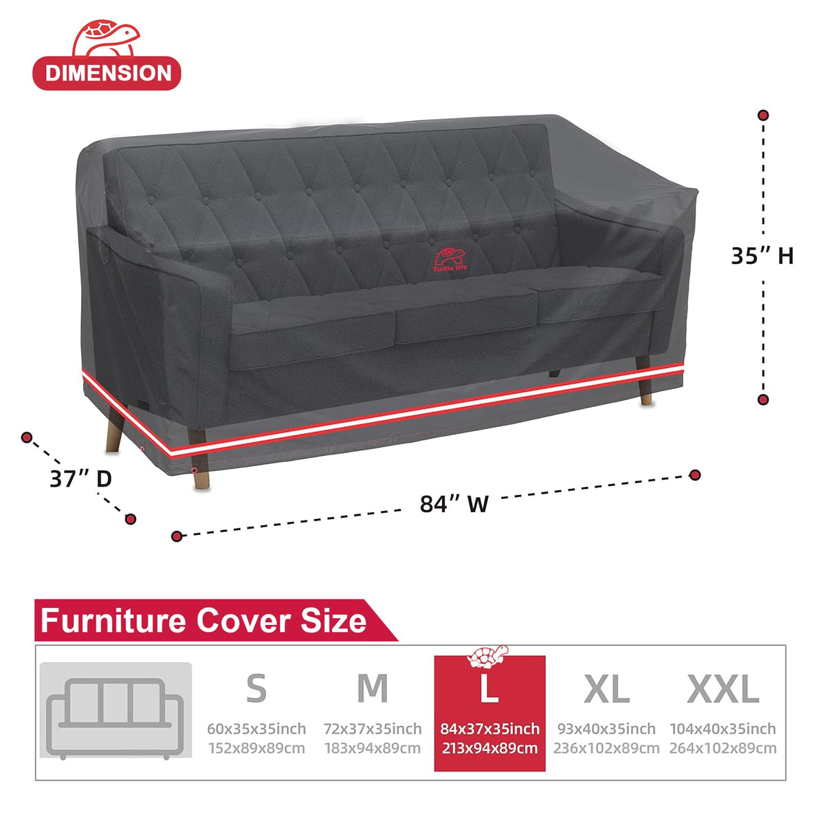 Turtle Life patio sofa cover side view shows snug attachment to resist wind.