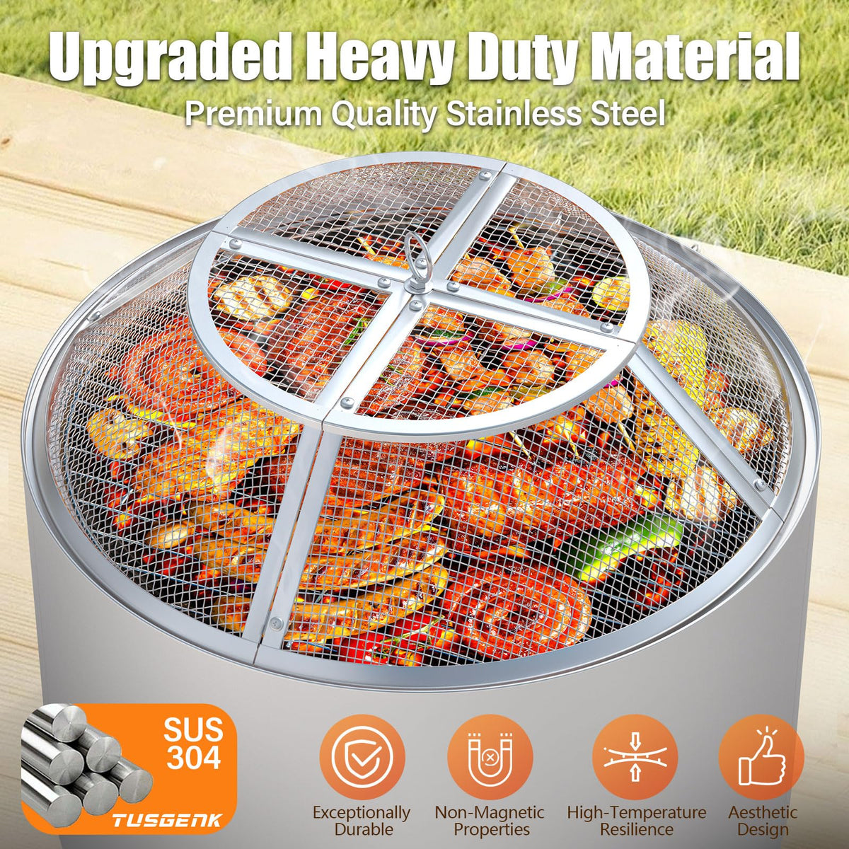 TUSGENK spark screen with grill function for light cooking by the fire