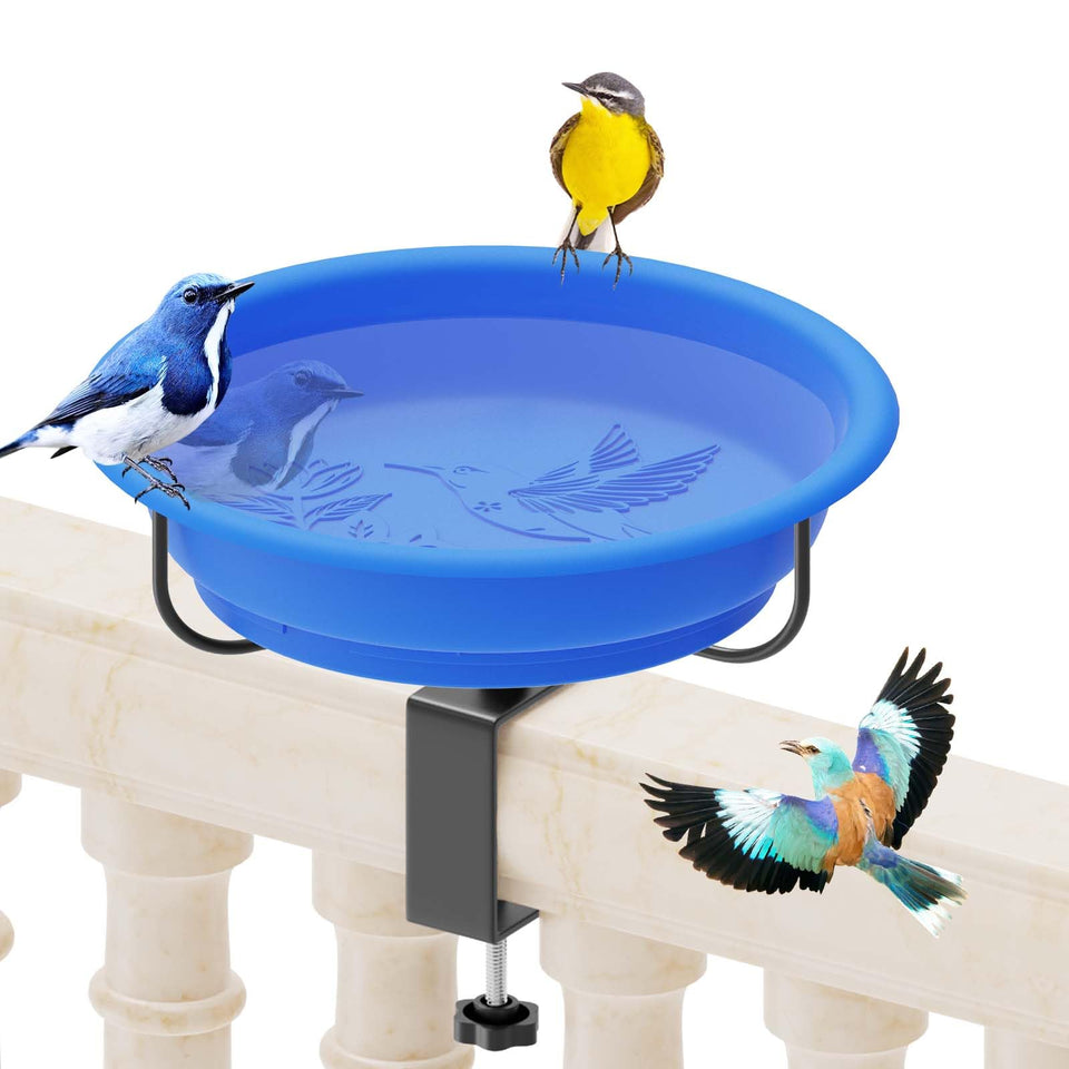 TUSPEU deck-mounted bird bath on a railing provides a stable water source.