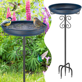 TUSPEU metal birdbath with 5-prong base provides stable outdoor placement.