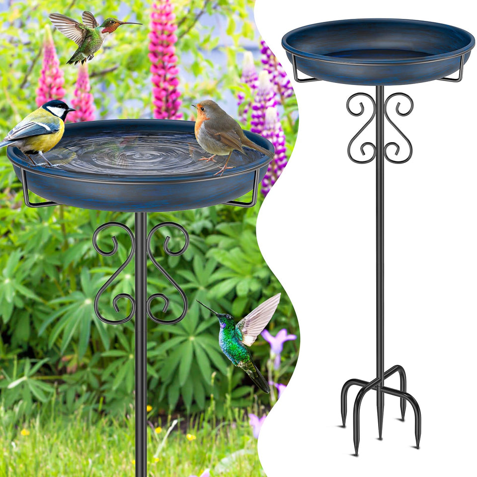 TUSPEU metal birdbath with 5-prong base provides stable outdoor placement.