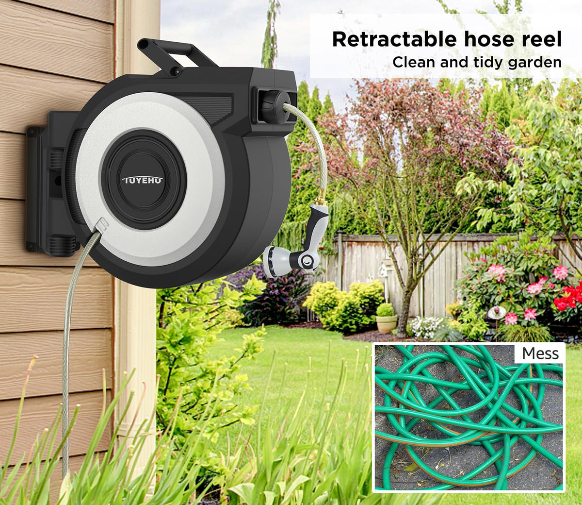 Tuyeho hose reel with automatic rewind demonstrating tangle-free storage