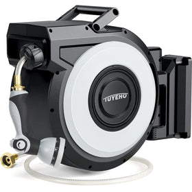 Tuyeho retractable hose reel mounted on wall for easy watering