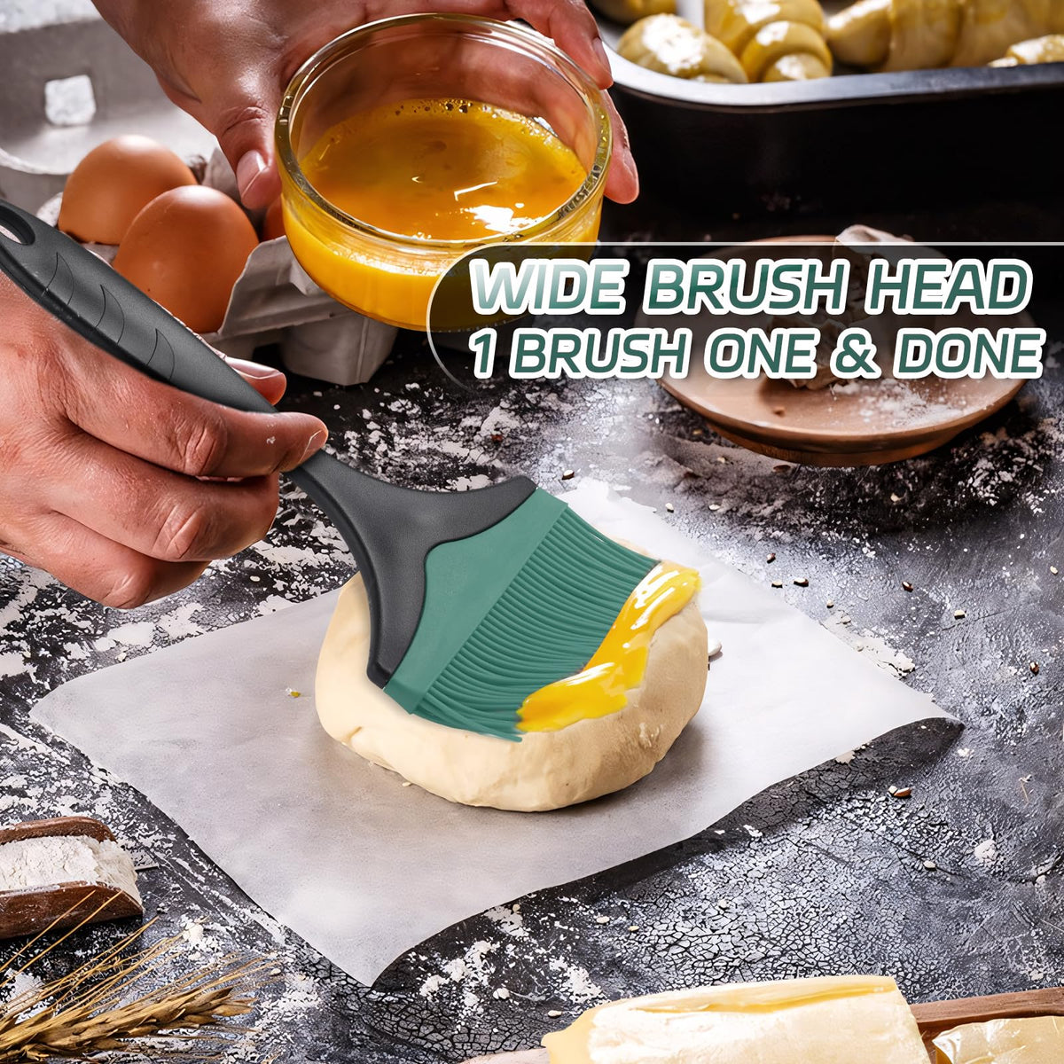Tuyotue silicone brush for thorough sauce coverage on pastries and roasts.