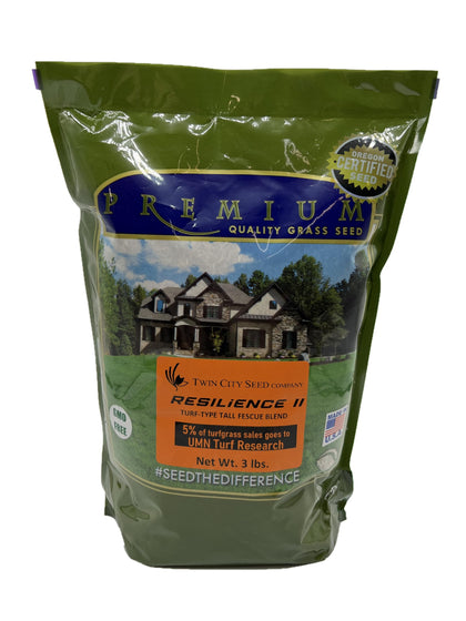 Twin City Seed Co. Resilience II bag front view, durable tall fescue blend.