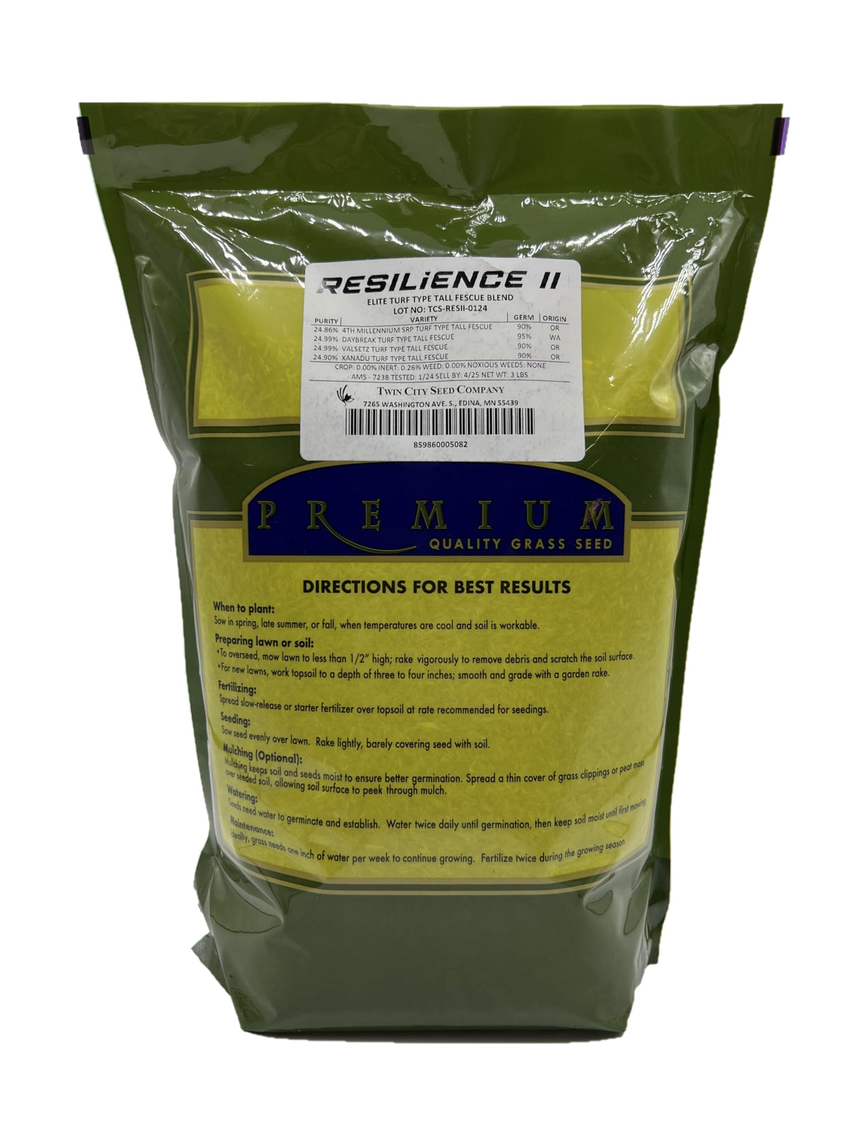 Twin City Seed Co. Resilience II seed blend, application-ready for versatile turf.