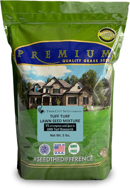 Twin City Seed Co. Tuff Turf bag label shows a drought-tolerant lawn blend.