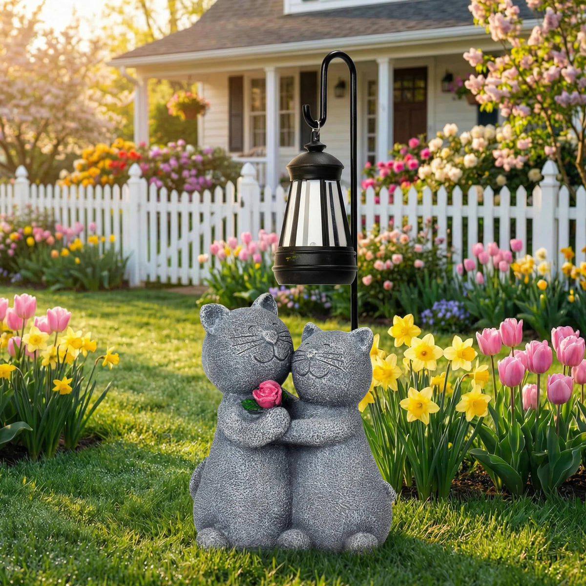 Twinbling cat figurine with rose combines romance and decorative appeal for porches.