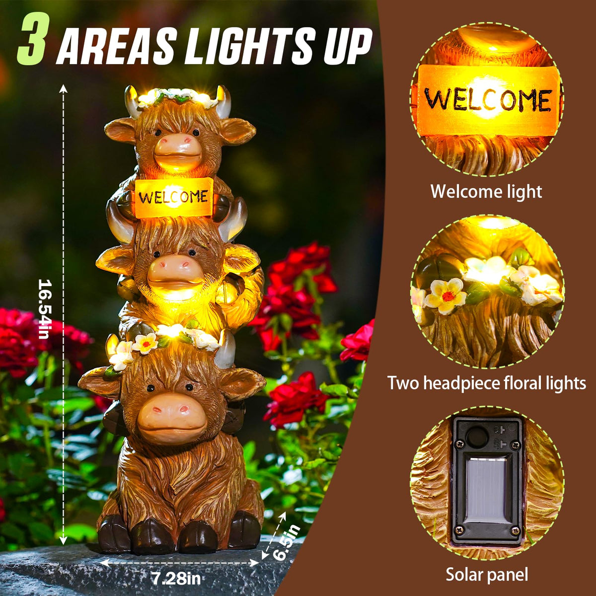 Twinbling Highland cow garden figurine brightens garden at night, curb appeal