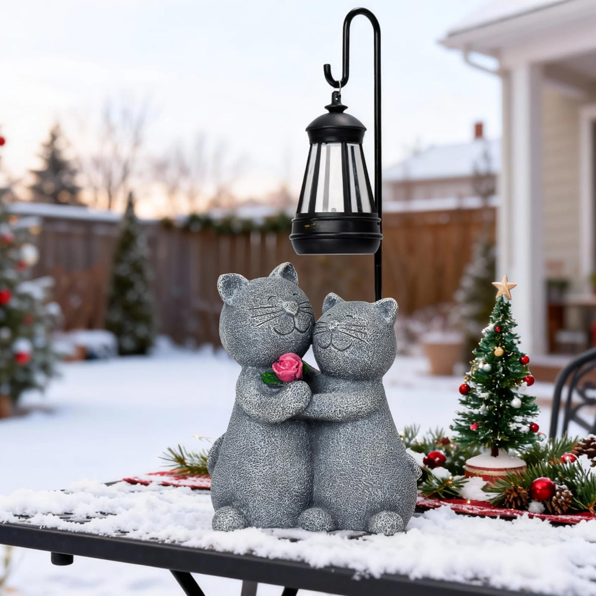 Twinbling heartwarming cat couple statue enhances entryways and patios.